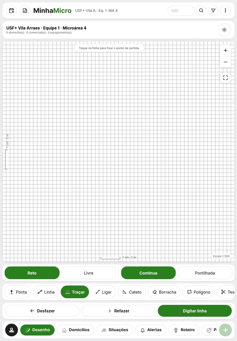 Aba Desenho do MinhaMicro: folha milimetrada digital em branco, com escala e ferramentas de traçado.