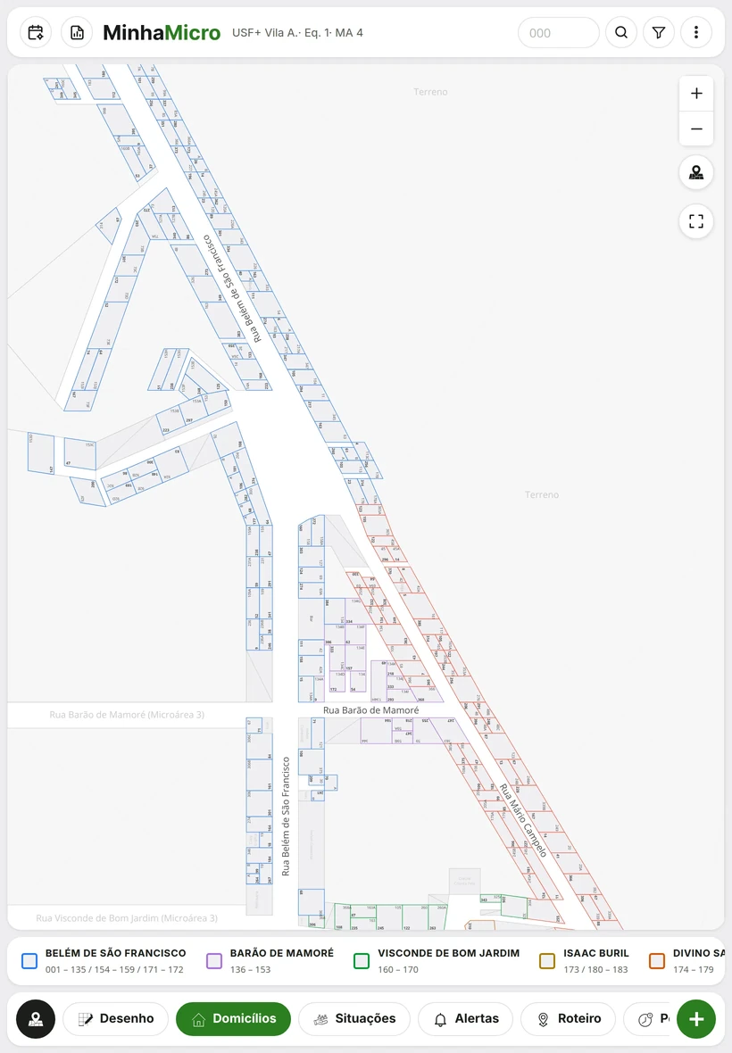 Mapa da microárea na aba Domicílios, com os lotes contornados pela cor de cada rua e a legenda das ruas.