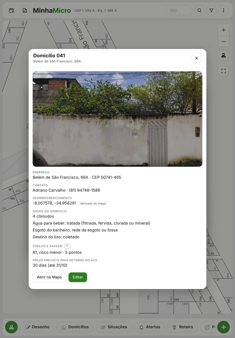 Ficha do domicílio com a fotografia da fachada, endereço, contato, coordenada geográfica derivada do mapa, dados do domicílio, classificação de risco pela escala de Coelho e Savassi e o prazo previsto para o retorno.