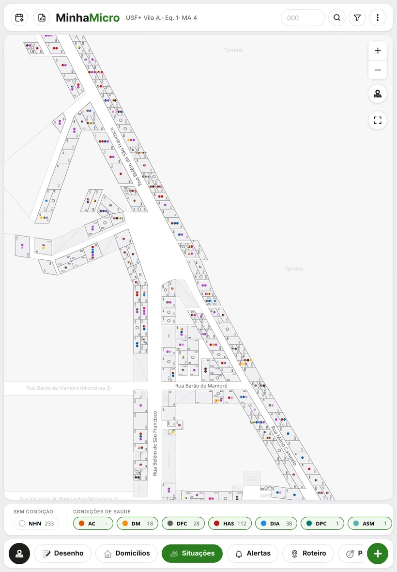 Mapa com marcadores coloridos por domicílio, um por morador, e a barra com o total de cada situação de saúde.