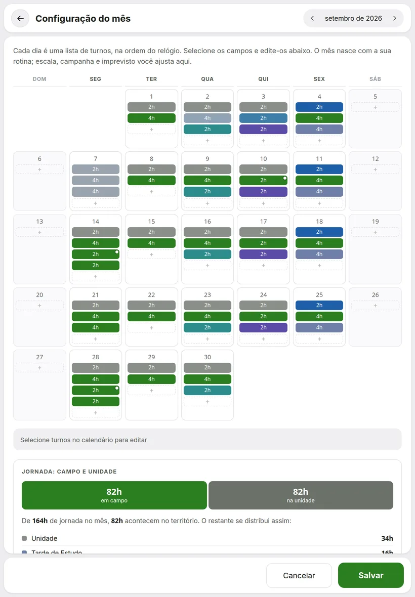 Calendário do mês com cada turno classificado por tipo de atividade.