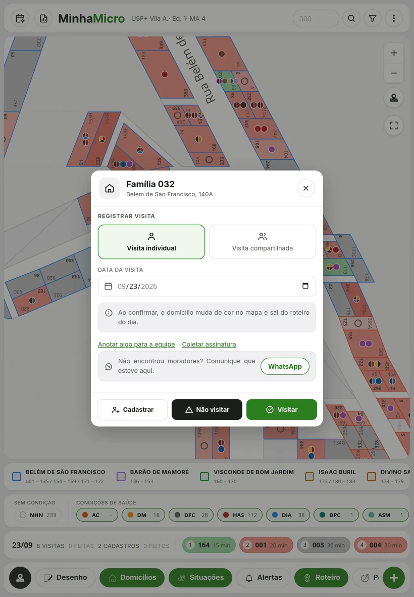 Janela de registro de visita: visita individual ou compartilhada, data, aviso por WhatsApp e os botões Cadastrar, Não visitar e Visitar.