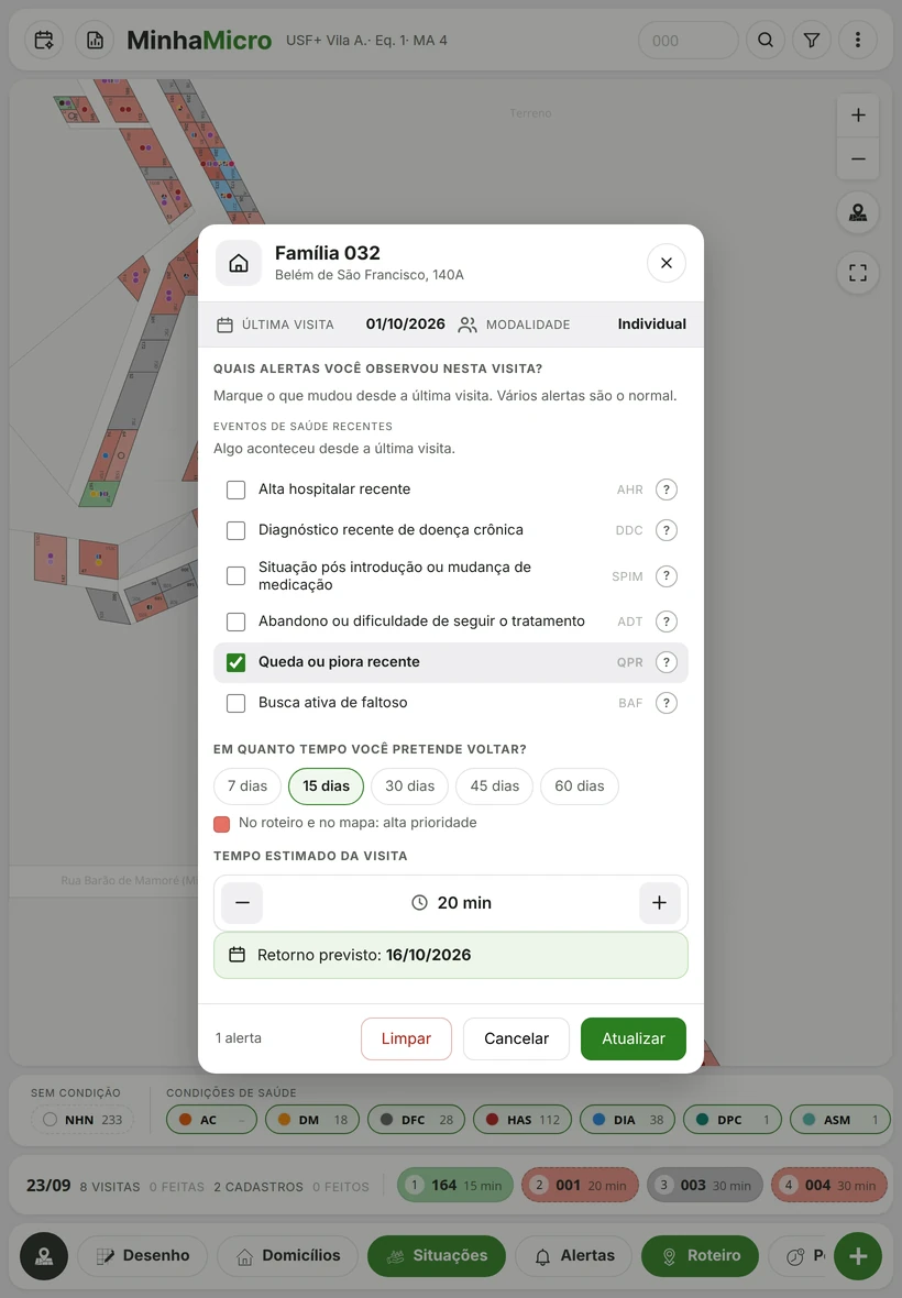 Registro ao fim da visita: alertas de eventos de saúde recentes, o prazo de retorno, a cor no mapa, o tempo estimado da visita e a data prevista.