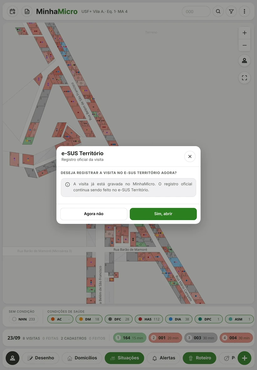 Pergunta ao fim da visita: deseja registrar a visita no e-SUS Território agora? Com os botões Agora não e Sim, abrir.